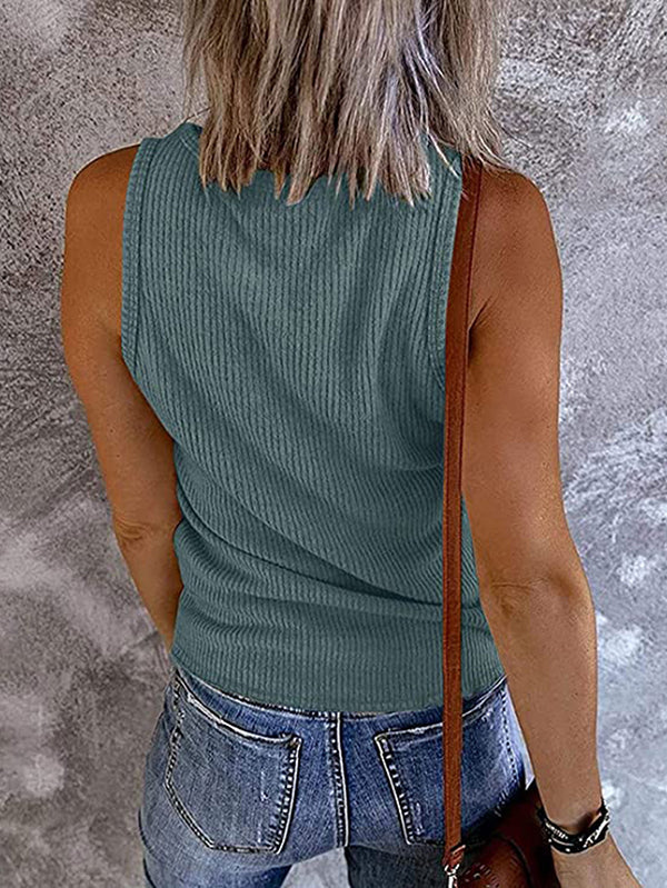 Pleated Solid Color Skinny Sleeveless V-Neck Vest Top