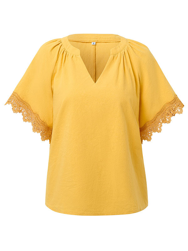 Solid Color Split-Joint Loose V-neck T-Shirts Tops