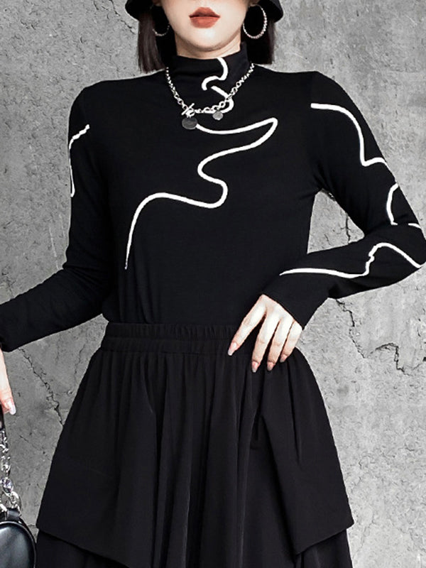 Printed Long Sleeves Skinny Mock Neck T-Shirts Tops