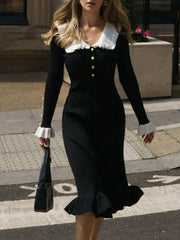 Pleated Ruffled Split-Joint Long Sleeves Peter Pan Collar Sweater Dresses Midi Dresses
