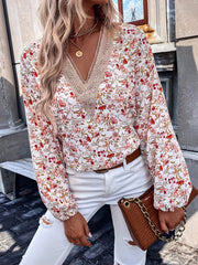Elasticity Flower Print Split-Joint Long Sleeves Loose V-Neck Blouses&Shirts Tops