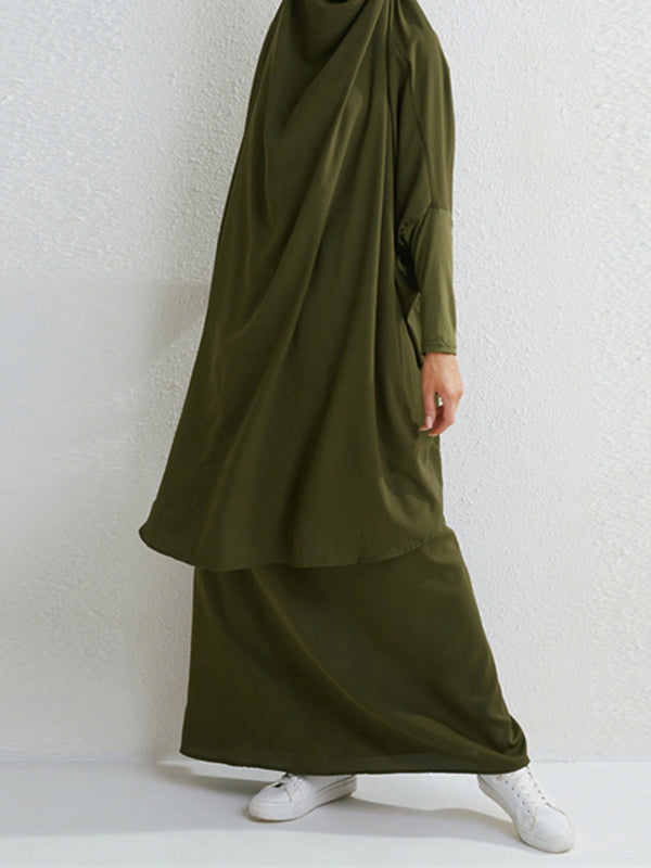 Solid Color Batwing Sleeves Long Sleeves Muslim High Neck Shirts Top + Skirts Bottom Two Pieces Set