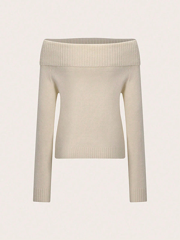 Solid Color Long Sleeves Off-The-Shoulder Sweater Tops Pullovers