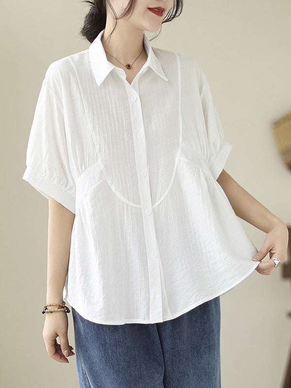 Pleated Solid Color Split-Joint Half Sleeves Loose Lapel Blouses&Shirts Tops