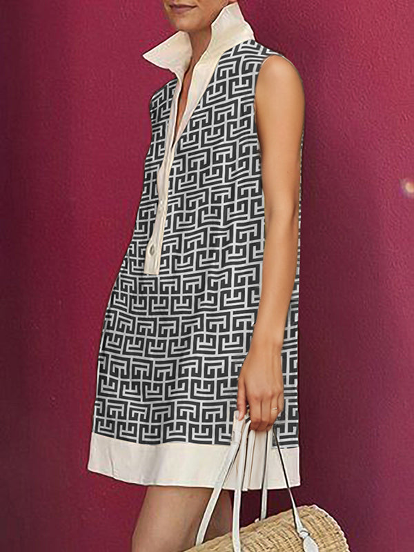 Printed Split-Joint Loose Sleeveless Lapel Mini Dresses