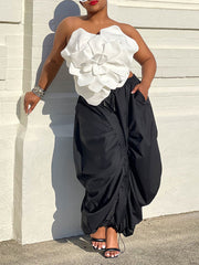 Drawstring Pleated Solid Color Split-Joint High Waisted Loose Trousers Pants