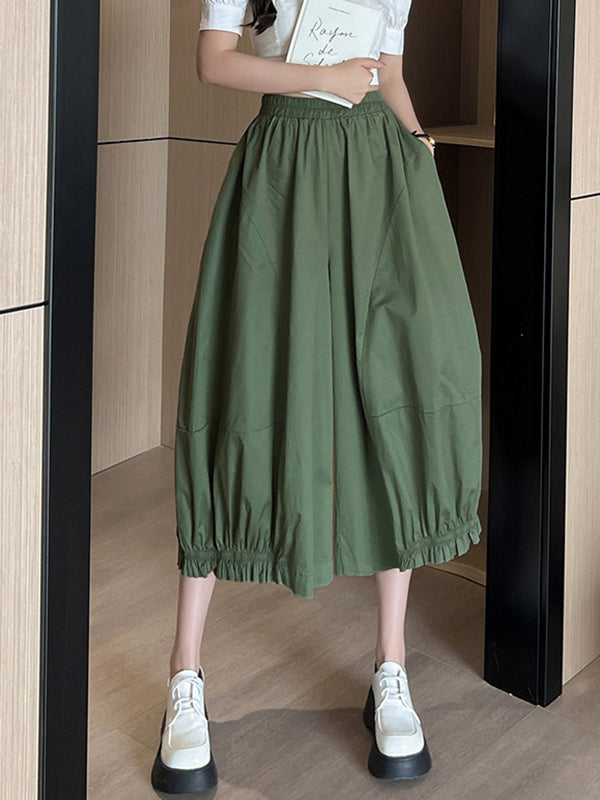 Elasticity Solid Color Split-Joint High Waisted Loose Trousers Pants Ninth Pants Knickerbockers