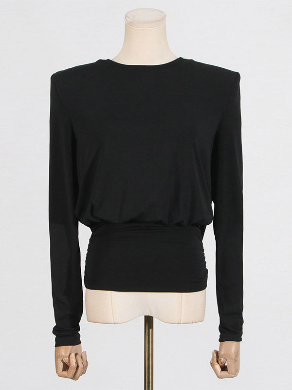 Backless Shoulder Pad Solid Color Long Sleeves Round-Neck Blouses&Shirts Tops