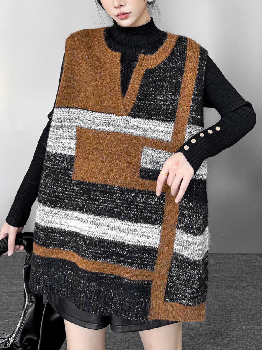 Contrast Color Geometric Split-Joint Striped Loose Sleeveless V-Neck Vest Top Outerwear