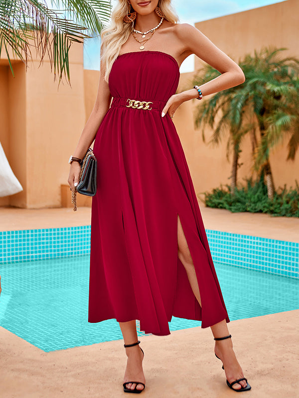 Chains Elasticity Pleated Split-Front A-Line Sleeveless Tube Midi Dresses