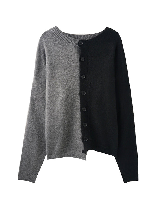 Asymmetric Buttoned Contrast Color Split-Joint Long Sleeves Loose Round-Neck Cardigan Tops