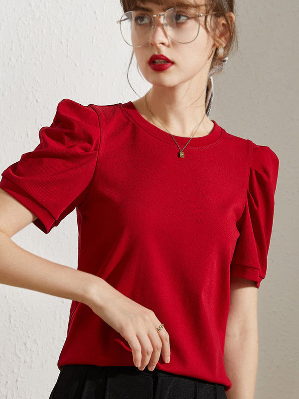 Original Simple Loose Solid Color Puff Sleeves T-Shirt Top