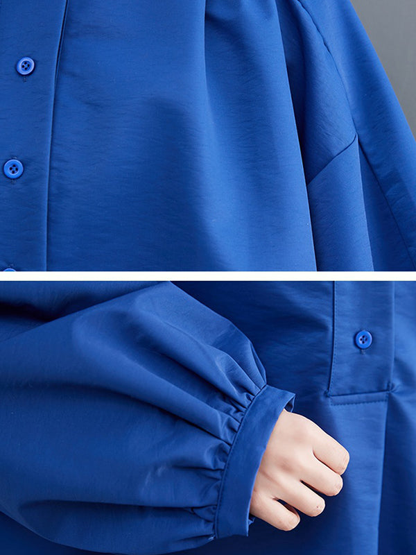 Loose Puff Sleeves Solid Color Stand Collar Midi Dresses