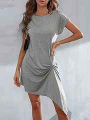Casual Short Sleeves Pleated Round-Neck Gray Mini Dress
