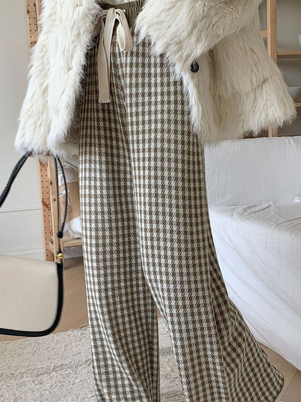 Drawstring Elasticity Plaid High Waisted Loose Trousers Pants