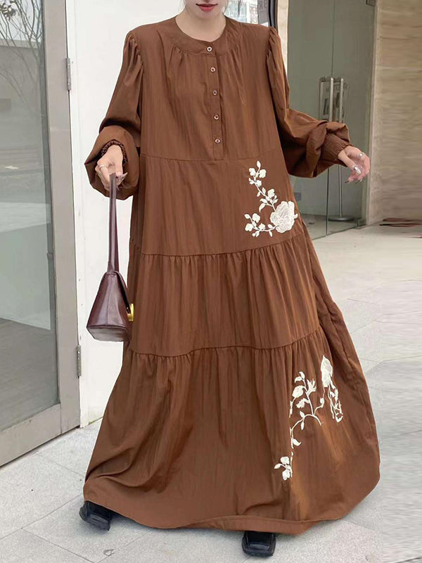 Buttoned Embroidered Pleated Pockets Split-Joint Tied Waist High Waisted Long Sleeves Round-Neck Maxi Dresses