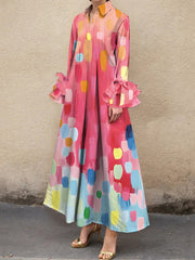 A-Line Loose Pleated Printed Split-Joint Lapel Maxi Dresses Shirt Dress