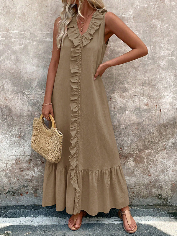 Pleated Ruffle Trim Solid Color A-Line Loose V-Neck Maxi Dresses
