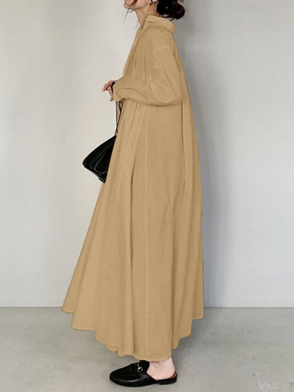 Solid Color Long Sleeves Loose Lapel Shirt Dress Maxi Dresses