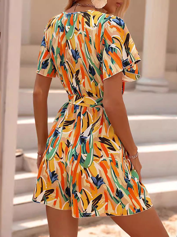 Printed Tied Waist High Waisted Loose V-Neck Mini Dresses