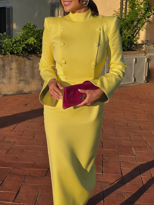 Buttoned Solid Color Flared Sleeves High Waisted Mock Neck Midi Dresses