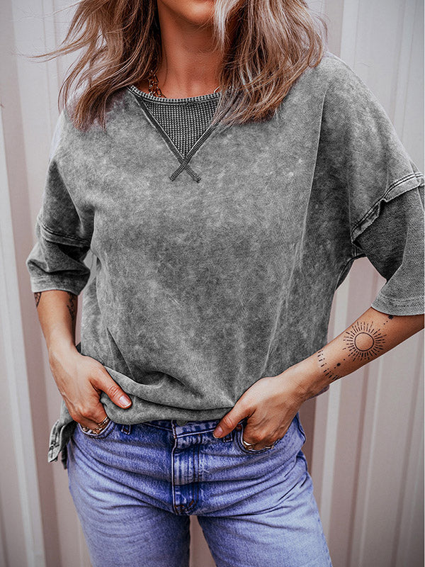 Split-Joint Half Sleeves High-Low Round-Neck T-Shirts Tops