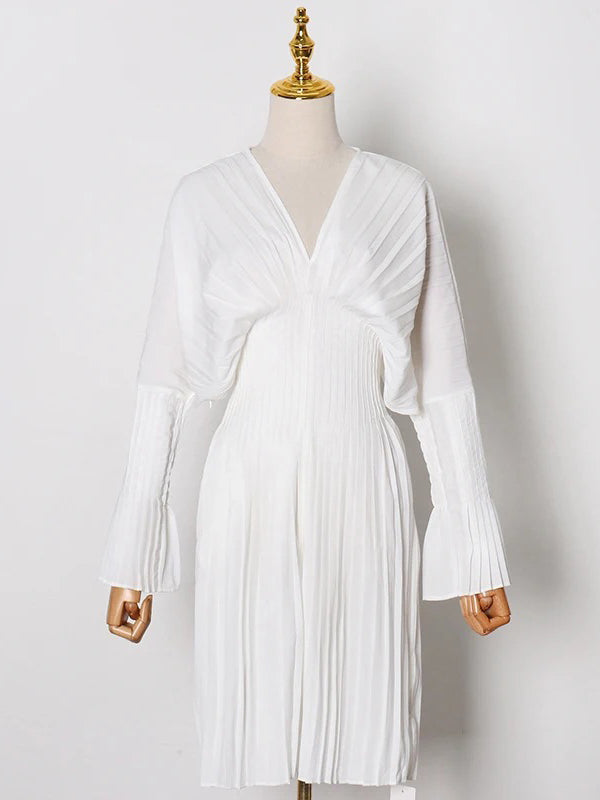 Pleated Solid Color Flared Sleeves High Waisted V-Neck Mini Dresses