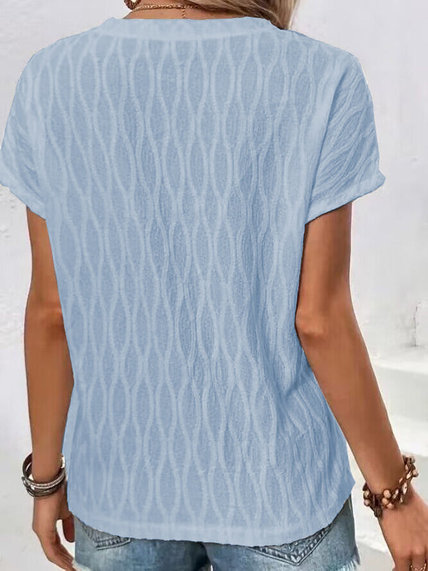 Jacquard Solid Color Split-Front Batwing Sleeves Loose Round-Neck T-Shirts Tops