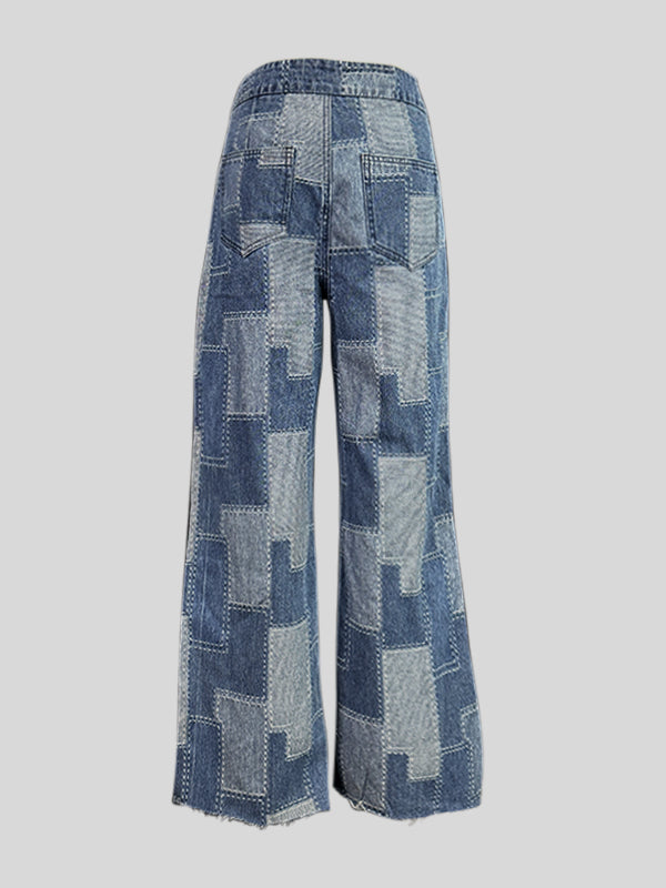 Buttoned Plaid Pockets Split-Joint Loose Wide Leg Jean Pants Bottoms