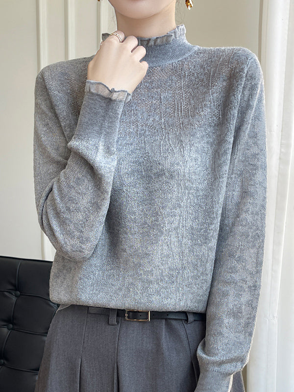 Crochet Solid Color Long Sleeves Loose Mock Neck T-Shirts Tops