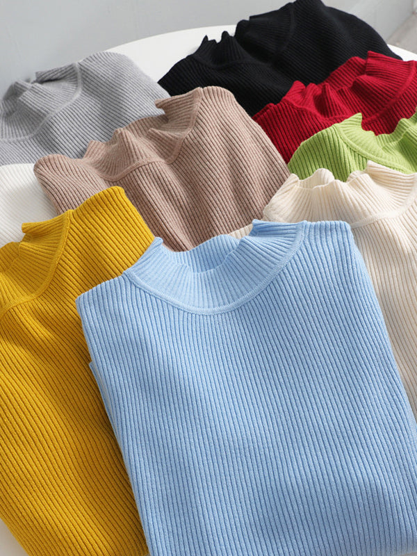 Solid Color Split-Joint Long Sleeves Skinny High Neck Sweater Tops