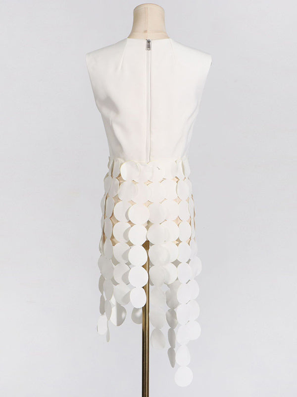 Polka-Dot Solid Color Split-Joint Tasseled Sleeveless Round-Neck Vest Top