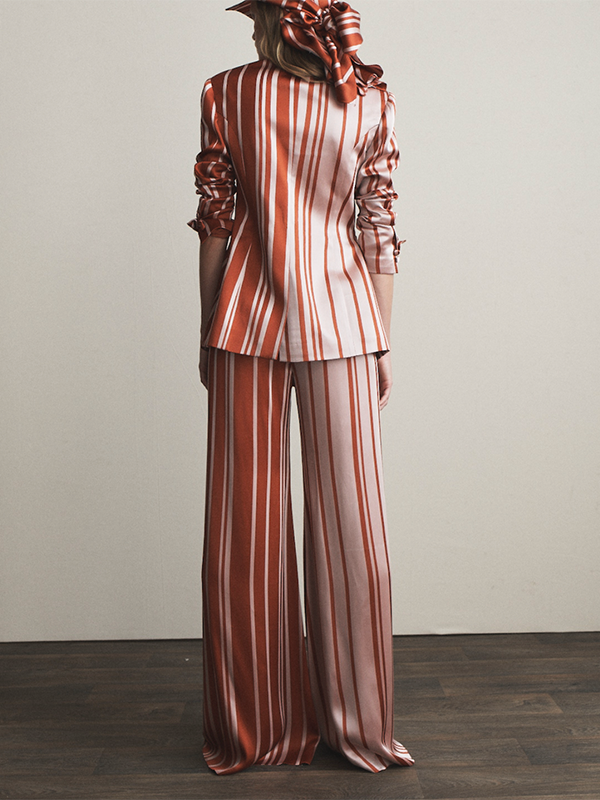 Striped Tied Long Sleeves Notched Collar Outerwear Blazer