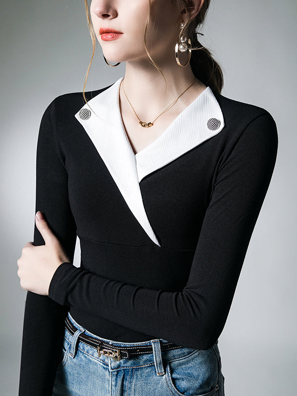 Asymmetric Buttoned Long Sleeves Skinny V-Neck T-Shirts Tops
