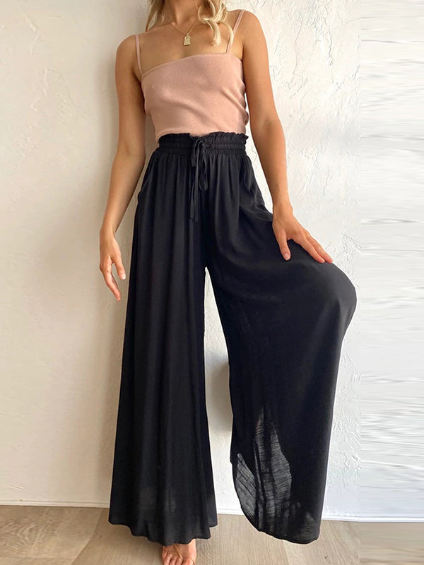 Drawstring Elasticity Pleated Pockets Solid Color High Waisted Loose Trousers Pants