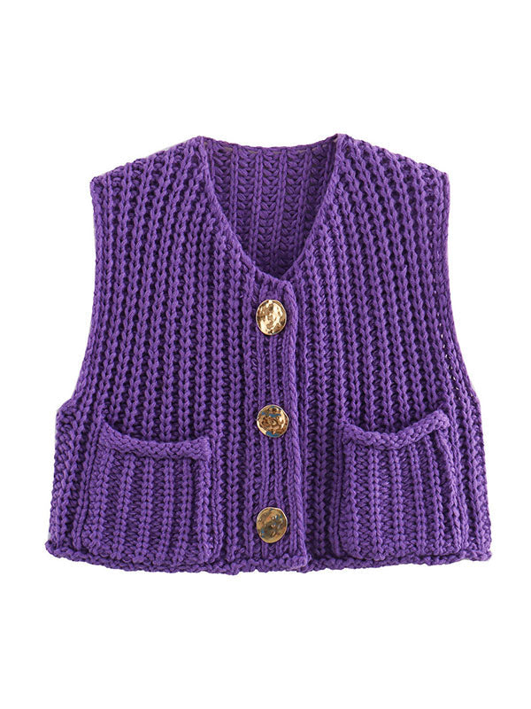 Buttoned Pockets Loose Sleeveless V-Neck Vest Outerwear