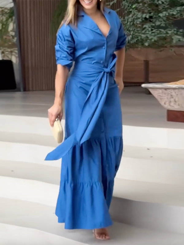 Belted Solid Color Half Sleeves Lapel Collar Shirt Dress Maxi Dresses