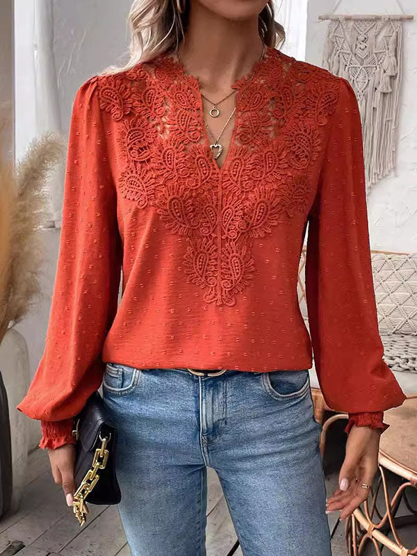 Elasticity Hollow Jacquard Solid Color Split-Joint Loose Puff Sleeves V-Neck Blouses&Shirts Tops