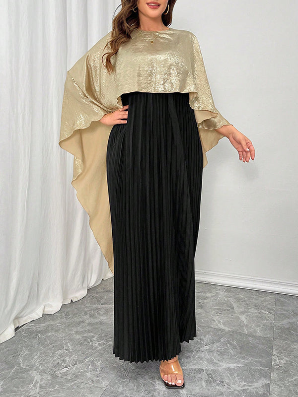 Contrast Color Pleated Shiny Split-Joint High-Low Loose Round-Neck Maxi Dresses