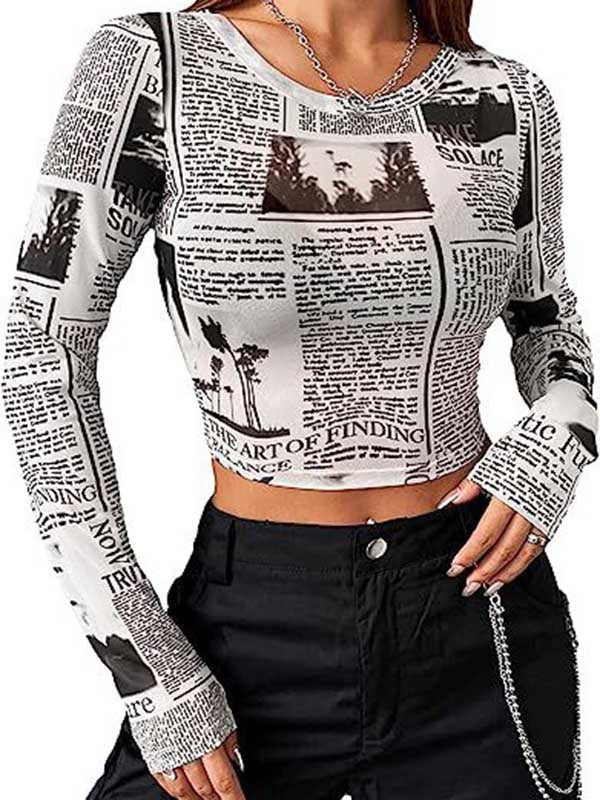 Letter Print Long Sleeves Skinny Round-Neck T-Shirts Tops