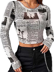 Letter Print Long Sleeves Skinny Round-Neck T-Shirts Tops