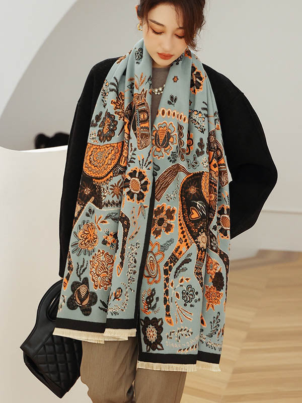 Vintage Knitting Tasseled Jacquard Imitated Cashmere Scarf Shawl