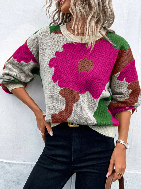 Asymmetric Knitted Flower Split-Joint Loose Puff Sleeves Round-Neck Sweater Tops