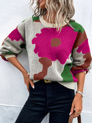 Asymmetric Knitted Flower Split-Joint Loose Puff Sleeves Round-Neck Sweater Tops