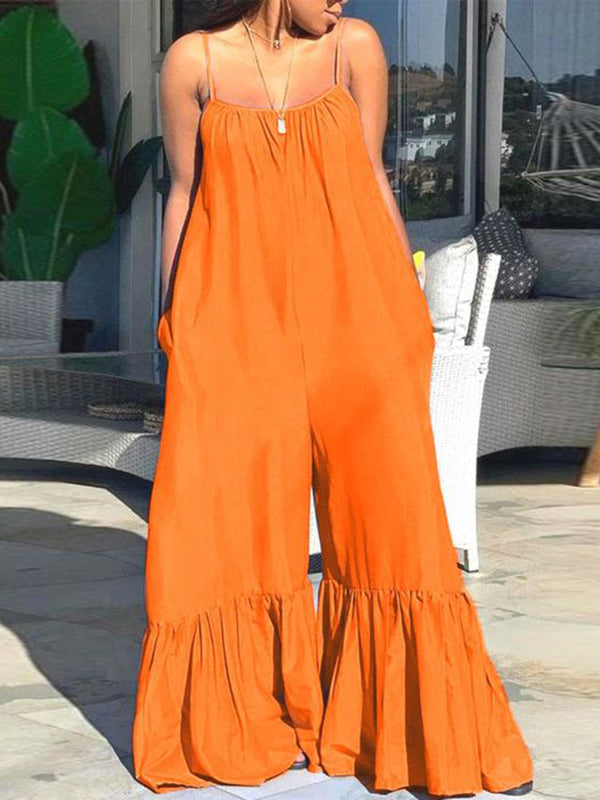 Pleated Pockets Solid Color Split-Joint Loose Sleeveless Spaghetti-Neck Jumpsuits