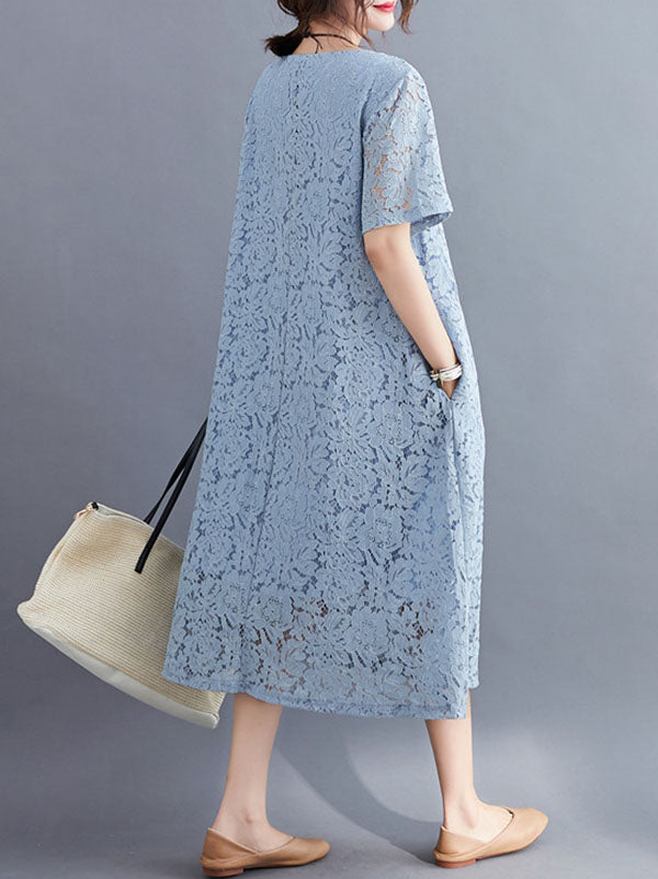 Embroidered Hollow Solid Dress