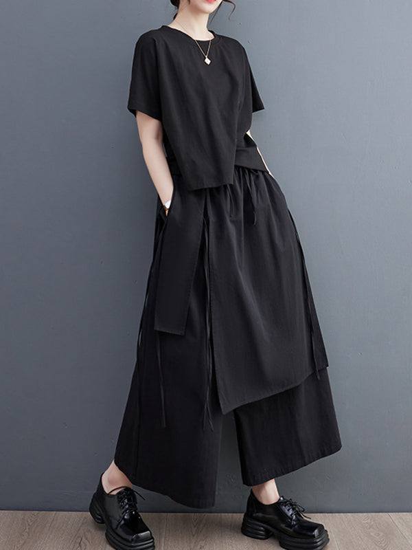 Solid Color Split-Joint Ninth Pants Wide Leg Casual Pants Bottoms