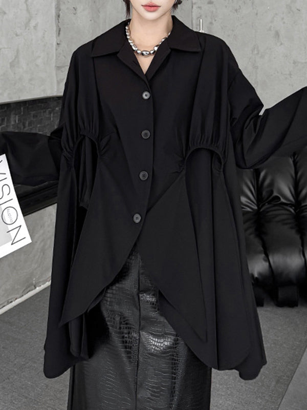 Buttoned Pleated Solid Color Split-Joint High-Low Irregularity Shirt Collar Blouses&Shirts Tops