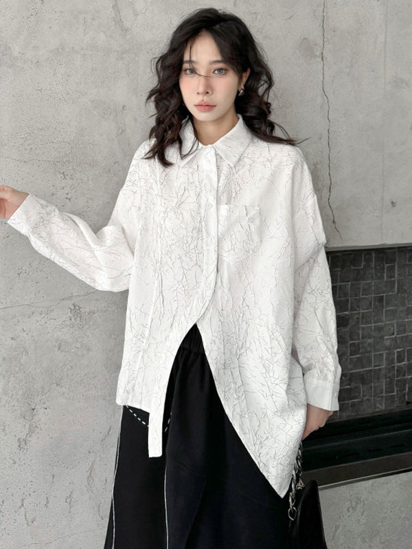 Abstract Printed Asymmetric Buttoned Wrinkled Irregularity Long Sleeves Lapel Blouses&Shirts Tops
