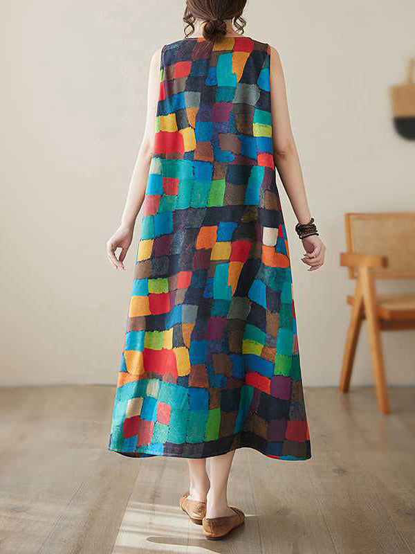 Contrast Color Multi-Colored Plaid Loose Sleeveless Round-Neck Midi Dresses